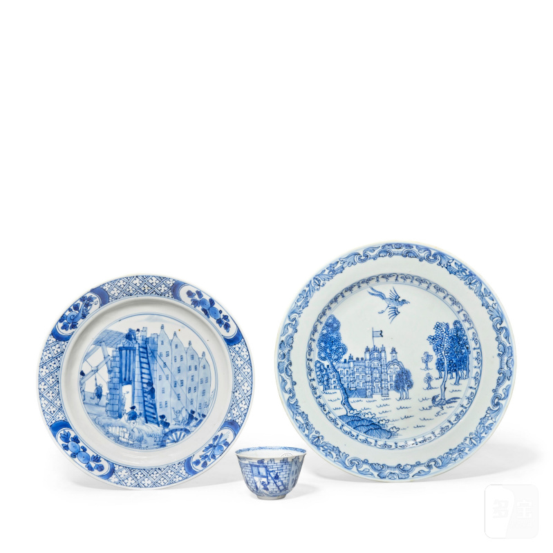 清康熙及乾隆 青花鹿特丹之亂盤、盃及青花伯利莊園圖盤 | A BLUE AND WHITE 'ROTTERDAM RIOT' DISH AND TEA BOWL, AND A BLUE AND WHITE 'BURGHLEY HOUSE' DISH - 图1